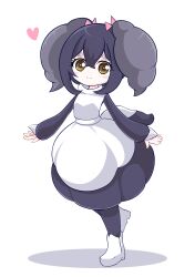 1girl absurdres black_hair blush boots brown_eyes closed_mouth commentary_request dress emulume eyelashes full_body gen_8_pokemon hair_between_eyes heart highres indeedee indeedee_(female) long_sleeves looking_at_viewer medium_hair nintendo pantyhose personification pokemon smile solo standing white_background white_boots