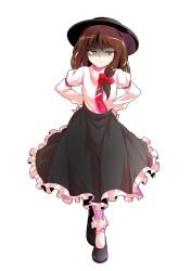 1girl alphes_(style) armlet asymmetrical_hair black_shoes black_skirt bobby_socks bow brown_hair collared_shirt commentary_request dairi dress_shirt fedora flats frilled_skirt frills full_body hair_bow hands_on_own_hips hat jewelry large_variant_set long_hair long_skirt long_sleeves looking_at_viewer necktie parody puffy_long_sleeves puffy_sleeves red_bow red_necktie shirt shoes skirt socks solo standing style_parody tachi-e tareme touhou transparent_background usami_renko variant_set white_shirt white_socks