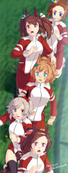 5girls animal_ears black_thighhighs blonde_hair blue_eyes breasts brown_hair character_request curren_chan_(umamusume) ear_covers forehead grey_hair high_ponytail highres hishi_akebono_(umamusume) horse_ears horse_girl horse_tail jacket multiple_girls ponytail purple_eyes red_eyes red_jacket red_shorts running sakura_bakushin_o_(umamusume) shorts sweat taiki_shuttle_(umamusume) tail takuzui thighhighs thighs two_side_up umamusume