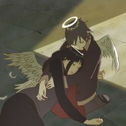 2girls 55bata6rou angel angel_wings black_boots black_hair black_shirt boots closed_eyes dress feathered_wings feathers haibane_renmei halo highres hug indoors jacket long_hair long_sleeves lying lying_on_person multiple_girls on_floor on_side parted_lips purple_jacket rakka_(haibane) red_dress reki_(haibane) sad shirt short_hair sitting sunlight tearing_up traditional_halo wings