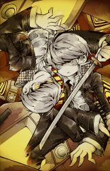 absurdres akekawa1536 black_jacket black_pants closed_mouth collared_jacket collared_shirt crt dual_persona grey_eyes grey_hair hand_on_weapon highres holding holding_sword holding_weapon houndstooth jacket katana layered_sleeves light_frown long_sleeves male_focus narukami_yu open_clothes open_collar open_jacket outstretched_arm pants persona persona_4 popped_collar shadow_yu shirt short_hair smile swept_bangs sword upside-down weapon white_shirt yellow_eyes