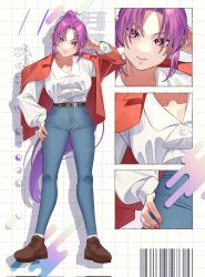 Rule 34 | 1girl, adapted costume, alternate costume, arm behind head, barcode, belt, brown footwear, copyright name, corrupted twitter file, denim, guumin, hand on own knee, highres, jacket, jacket on shoulders, long hair, meira (touhou), ponytail, purple eyes, purple hair, red jacket, story of eastern wonderland, touhou, touhou (pc-98), white hair, yin yang
