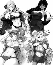 Rule 34 | 4girls, artist name, bikini, bikini top only, black coat, black lips, blunt bangs, bow-shaped hair, breasts, character hair ornament, cleavage, coat, collarbone, commentary, cynthia (pokemon), detached sleeves, dress, english commentary, eyewear on head, fur-trimmed sleeves, fur trim, hair ornament, hair over one eye, heart, heart hair ornament, hexagon print, highres, hime cut, iono (pokemon), lab coat, large breasts, long hair, low-tied long hair, miss faves, monochrome, multiple girls, navel, nintendo, oversized clothes, pantyhose, pokemon, pokemon dppt, pokemon frlg, pokemon sv, pokemon swsh, sabrina (pokemon), sharp teeth, short dress, shorts, side ponytail, single leg pantyhose, sleeves past fingers, sleeves past wrists, smile, sonia (pokemon), straight hair, strapless, strapless dress, sunglasses, swept bangs, swimsuit, teeth, v-shaped eyebrows, very long hair, very long sleeves, wavy hair, x
