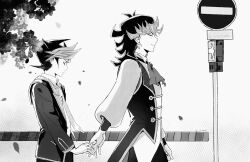 2boys absurdres ai_(yu-gi-oh!) alternate_form annoyed arm_at_side ascot behind_another black_flower black_jacket black_pants black_vest black_wrist_cuffs blazer clenched_hand closed_eyes colored_bangs dress_shirt facing_another facing_to_the_side falling_petals fence flower fujiki_yusaku grey_ascot hand_grab happy highres holding_hands jacket loose_necktie male_focus monochrome multiple_boys necktie open_clothes open_jacket outdoors pants petals railroad_crossing road_sign screen0624 shirt sign smile spiked_hair stop_sign tree untucked_shirt vest waistcoat walking white_background white_necktie white_shirt wrist_cuffs yu-gi-oh! yu-gi-oh!_vrains