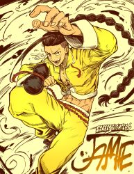 1boy absurdres black_hair braid character_name commentary_request copyright_name drunken_fist dynamic_pose gourd highres holding holding_gourd igawa20000volt jacket jamie_siu jewelry long_hair male_focus midriff muscular muscular_male pants rope_belt single_bang single_braid solo street_fighter street_fighter_6 teeth yellow_pants yellow_rope