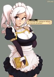 1girl absurdres aikuxa apron breasts bridal_gauntlets eyes_visible_through_hair female_focus female_robin_(fire_emblem) fire_emblem fire_emblem_awakening frills grey_background highres maid maid_apron maid_headdress medium_breasts nintendo parted_lips puffy_sleeves silver_hair simple_background skirt solo text_focus twintails wrist_cuffs yellow_eyes