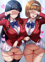 2girls advanced_nurturing_high_school_uniform black_hair black_thighhighs blazer blue_bow blue_bowtie bow bowtie breasts clothes_lift covering_own_eyes daiaru female_pubic_hair hairband highres horikita_suzune jacket kushida_kikyou large_breasts lifting_own_clothes miniskirt multiple_girls orange_panties panties panty_pull pink_panties pleated_skirt pubic_hair pussy red_jacket revision school_uniform shirt skirt skirt_lift thighhighs thighs translation_request underwear white_hairband white_shirt white_skirt youkoso_jitsuryoku_shijou_shugi_no_kyoushitsu_e