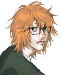 1boy black_eyes blood glasses highres looking_at_viewer looking_back male_focus nose nosebleed orange_hair randal&#039;s_friends randal_ivory school_uniform short_hair simple_background solo tongue tongue_out v3raxyy white_background