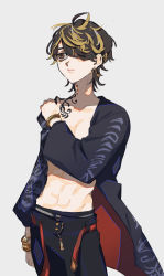 1boy ahoge belt blonde_hair bracelet brown_eyes brown_hair closed_mouth collarbone earrings gold_bracelet grey_background hamita_(rikopin_ika) hand_on_own_shoulder hanemiya_kazutora highres jewelry male_focus messy_hair mole mole_under_eye multicolored_eyes multicolored_hair navel neck_tattoo orange_eyes red_belt simple_background single_earring solo streaked_hair tattoo tokyo_revengers zipper zipper_pull_tab