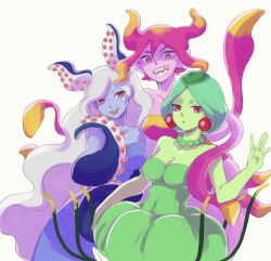 Rule 34 | 3girls, 4747moonwalk, :3, :d, :o, \||/, bare arms, bare shoulders, bead choker, beads, blonde hair, blue skin, breasts, choker, cleavage, collarbone, colored skin, colored tips, commentary, covered navel, cowboy shot, double-parted bangs, dress, earrings, extra arms, frilled dress, frills, green choker, green dress, green hair, green skin, grey hair, hair between eyes, hand up, jellyfish girl, jewelry, leotard, long hair, marina (omori), medusa (omori), molly (omori), monster girl, multicolored hair, multiple girls, omori, open mouth, parted bangs, pink hair, pink leotard, pink skin, pointy ears, purple dress, red eyes, scylla, shaded face, sharp teeth, short hair, siblings, simple background, sisters, smile, sphere earrings, squid girl, standing, strapless, strapless dress, strapless leotard, suction cups, teeth, tentacle hair, tentacle limbs, two-tone hair, very long hair, white background