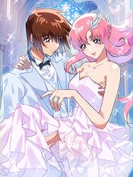 Rule 34 | 1boy, 1girl, :d, absurdres, arm around neck, black bow, black bowtie, blue eyes, bow, bowtie, breasts, brown hair, carrying, cleavage, closed mouth, collarbone, couple, dress, dress shirt, floating hair, gundam, gundam seed, hetero, highres, husband and wife, jacket, jewelry, kira yamato, lacus clyne, layered dress, long dress, long hair, medium breasts, open mouth, pink hair, princess carry, purple eyes, ring, rrrisyf, shiny skin, shirt, smile, strapless, strapless dress, very long hair, wedding, wedding dress, wedding ring, white dress, white jacket, white shirt