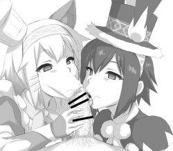 1boy 2girls :&gt;= animal_ears blush censored cooperative_fellatio empty_eyes erection fellatio hat licking male_pubic_hair monochrome multiple_girls open_mouth oral penis penis_grab pubic_hair saliva simple_background stray_pubic_hair teamwork_(sexual) to-gnaniwa tongue tongue_out white_background