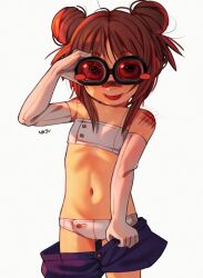 1girl :p absurdres adjusting_eyewear antenna_hair artist_name bandaid bandaid_on_face bare_shoulders blue_shorts blush blush_stickers bra broken_eyewear brown_hair clenched_hand closed_mouth clothes_pull commentary cowboy_shot double_bun elbow_gloves english_commentary fleta_(najucaju_naju) gloves gluteal_fold goggles groin hair_bun highres injury loli looking_at_viewer messy_hair najucaju_naju navel original panties pulling_own_clothes red-tinted_eyewear scrape short_hair shorts shorts_pull simple_background solo stomach strapless strapless_bra tinted_eyewear tongue tongue_out underwear undressing white_background white_bra white_gloves white_panties