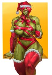 1girl areola_slip bdsm blush bound breasts cassandra_(virgoart) christmas collar colored_skin detached_sleeves female_orc green_skin hat highres huge_breasts looking_at_viewer muscular muscular_female naked_ribbon orc original pointy_ears red_hair red_hat red_ribbon red_sleeves red_thighhighs ribbon ribbon_bondage santa_hat scar scars_all_over slave solo thick_thighs thighhighs thighs too_many tusks virgoart