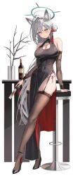 Rule 34 | 1girl, absurdres, alter (kxk7357), alternate costume, animal ear fluff, animal ears, bare shoulders, black dress, black shoes, blue archive, breasts, bridal gauntlets, brown thighhighs, china dress, chinese clothes, cleavage, closed mouth, commentary request, covered navel, dress, extra ears, full body, garter straps, grey hair, halo, hand fan, high heels, highres, holding, holding fan, large breasts, long hair, looking at viewer, shiroko (blue archive), shiroko terror (blue archive), shoes, simple background, smile, solo, standing, thighhighs, very long hair, white background, wolf ears, wolf girl