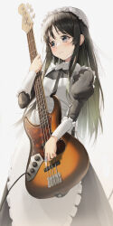 1girl absurdres akiyama_mio apron bass_guitar black_dress black_hair chinese_commentary closed_mouth commentary_request dress hat highres holding holding_bass_guitar holding_instrument instrument k-on! long_hair long_sleeves maid maid_apron mob_cap puffy_long_sleeves puffy_sleeves simple_background standing user_purg4332 white_background white_hat