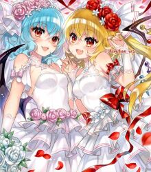 2girls :d bat_wings blonde_hair blue_hair bouquet bow breasts chacham commentary_request cowboy_shot dress fang flandre_scarlet flower hair_flower hair_ornament holding holding_bouquet long_hair looking_at_viewer marker_(medium) multiple_girls open_mouth pink_bow pink_flower pink_rose red_bow red_eyes red_flower red_rose remilia_scarlet rose short_hair sideboob simple_background skin_fang small_breasts smile touhou traditional_media wedding_dress white_dress white_flower white_rose wings