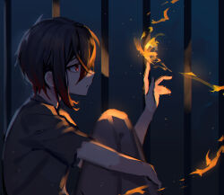 1boy aged_down ayn_alwyn ayn_alwyn_(eden) bars black_hair black_pants black_shirt bug butterfly butterfly_on_hand child closed_mouth feet_out_of_frame fire from_side hair_between_eyes hand_up highres insect kazenemuri knees_to_chest looking_at_animal lovebrush_chronicles male_focus multicolored_hair pants profile red_eyes red_hair shirt short_hair short_sleeves single_sidelock sitting solo streaked_hair torn_clothes torn_shirt