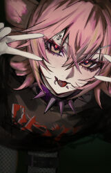 1girl absurdres belt black_belt black_pantyhose black_shirt blush choker commentary double_v drill_hair eyebrow_piercing face_piercing fang fishnet_pantyhose fishnets hair_ornament hairclip highres kasane_teto leaning_forward lip_piercing long_hair looking_at_viewer pantyhose piercing pink_hair pink_pupils print_shirt shirt skin_fang smile solo spiked_choker spikes thigh_belt thigh_strap thighs tongue tongue_out twin_drills twintails utau v yellow_eyes yosei_bin