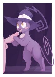 1boy 1girl animal animal_focus animal_sexualization bestiality blair_(cat)_(soul_eater) blair_(soul_eater) blush blush_stickers border cat claws cleft_of_venus clothed_animal cum cum_in_mouth cum_on_tongue ejaculation erection fangs full_body handjob happy hat hetero highres kekitopu looking_at_another looking_up open_mouth outside_border penis purple_background purple_hat purple_theme pussy solo_focus soul_eater standing testicles tongue tongue_out uncensored veins veiny_penis white_border witch_hat yellow_eyes