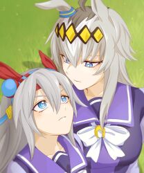 Rule 34 | 2girls, ahoge, animal ears, blue eyes, bow, bowtie, breasts, closed mouth, expressionless, eye contact, fang, frown, grass, grey hair, hair ornament, hairband, headband, height difference, highres, horse ears, long hair, long sleeves, looking at another, looking down, looking up, medium breasts, multicolored hair, multiple girls, oguri cap (umamusume), purple shirt, ringed eyes, sailor collar, school uniform, shirt, tamamo cross (umamusume), tracen school uniform, umamusume, upper body, yangmal (uma red sheep)