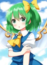 1girl :o ascot blue_dress blue_sky blush bow cloud collared_shirt commentary daiyousei day dress fairy_wings green_eyes green_hair hair_bow highres looking_at_viewer one_side_up open_mouth outdoors pinafore_dress ruu_(tksymkw) shirt short_hair short_sleeves sky sleeveless sleeveless_dress solo touhou upper_body white_shirt wings yellow_ascot yellow_bow