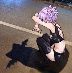 1girl arms_up bat_wings black_boots black_nails black_shorts boots braid braided_hair_rings commentary foolish_potato from_side full_body hair_rings highres nanakusa_nazuna_(yofukashi_no_uta) outdoors photo-referenced photo_background pink_hair road shadow short_hair shorts solo squatting symbol-only_commentary thigh_boots vampire wings yofukashi_no_uta