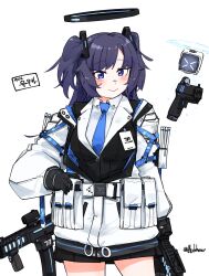 1girl black_skirt blue_archive blue_necktie blush breasts closed_mouth collared_shirt cowboy_shot drone flukhan formal_clothes glock gun halo handgun highres jacket large_breasts long_hair long_sleeves mechanical_halo necktie pleated_skirt purple_eyes purple_hair shirt sig_mpx simple_background skirt smile solo submachine_gun suit two_side_up weapon white_background white_jacket white_shirt yuuka_(blue_archive)