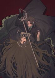 1boy 1girl apron black_coat black_dress black_gloves black_necktie black_vest brown_eyes brown_hair coat collared_shirt dress facial_hair gloves gregor_(project_moon) highres holding holding_sword holding_weapon juliet_sleeves limbus_company long_hair long_sleeves looking_at_another low_ponytail maid_headdress necktie ntcke ponytail project_moon puffy_sleeves red_background rodion_(project_moon) shirt simple_background sword upper_body very_long_hair vest weapon white_apron white_shirt wuthering_heights_(identity)_(project_moon)