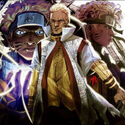 1boy age_comparison alternate_skin_color beard blonde_hair blue_eyes closed_mouth cowboy_shot curly_hair dark_skin facial_hair facial_mark forehead_protector haori hat_on_back high_collar highres japanese_clothes konohagakure_symbol long_sleeves looking_at_viewer multiple_persona multiple_views mythallica naruto_(series) profile rasengan smile undercut uzumaki_naruto v-shaped_eyebrows very_dark_skin watermark whisker_markings