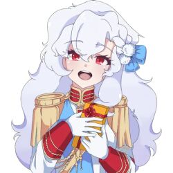 1girl aiguillette alpha_(alpha_1918) armband blue_sash buttons collar cross cross_pendant epaulettes findoworld fluffy fluffy_hair gift gloves gold_buttons gold_trim hair_ornament holding holding_gift lips long_hair looking_at_viewer military military_uniform non-web_source open_mouth original red_eyes red_sleeve_cuffs russian_empire sash sleeve_cuffs solo sticker teeth tongue transparent transparent_background upper_teeth_only very_long_hair white_gloves white_hair