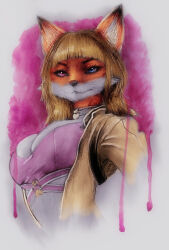 absurdres akai_hime_(wild_assault) animal_ears black_fur blonde_hair blue_eyes breasts choker cleavage crop_top fox_ears fox_girl furry heart heart_choker heterochromia highres jacket large_breasts long_hair long_sleeves looking_at_viewer louis_wood_(deathlouis) midriff midriff_peek multicolored_hair open_clothes open_jacket orange_fur painting_(medium) personification pink_background pink_shirt purple_eyes shirt sidelocks simple_background sports_bra three-toned_fur traditional_media two-tone_fur two-tone_hair video_game watercolor_(medium) white_background white_fur wild_assault