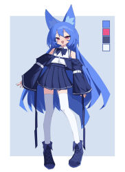 1girl :d absurdres animal_ear_fluff animal_ears arm_belt armpit_crease arms_at_sides bare_shoulders blue_hair blush boots bow bowtie child color_guide fox_ears fox_girl fox_tail full_body highres long_hair long_sleeves looking_at_viewer miya_(myakuro) myakuro open_mouth original pleated_skirt purple_boots purple_bow purple_bowtie purple_skirt red_eyes shirt sidelocks simple_background skirt sleeveless sleeveless_shirt sleeves_past_wrists slit_pupils smile solo standing tail thighhighs very_long_hair white_shirt white_thighhighs wide_sleeves