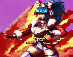 Rule 34 | 1girl, blue eyes, blue hair, bow, breasts, christmas, cleavage, cleavage cutout, clothing cutout, coat, costume, curvy, dress, female focus, fluffy, huge breasts, ibdinosaur, jacket, large breasts, leona heidern, long hair, pale skin, pants, ponytail, shorts, socks, standing, the king of fighters, thick thighs, thighs, wide hips