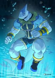 1boy abs absurdres araba_(shangri-la_frontier) artist_logo artist_name asumono_krom bara biceps blue_boots blue_pants blue_shirt blue_shoes boots bubble calves capelet clenched_hands commentary english_commentary fang fins fish_tail furry furry_male green_capelet highres logo looking_at_viewer male_focus muscular muscular_male pants pectorals shangri-la_frontier shark_boy shark_fin shark_tail shirt shoes skin_fang tail underwater