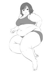 Rule 34 | 1girl, absurdres, arm behind back, aruru (rnruru), barefoot, breasts, cleavage, clenched hand, double chin, fat, fat rolls, feet, full body, greyscale, highres, large breasts, looking to the side, lying, medium hair, midriff, mole, mole on arm, mole on thigh, mole under eye, mole under mouth, monochrome, multiple moles, navel, obese, open mouth, original, raised eyebrows, reclining, simple background, sketch, smile, soles, solo, sports bra, sports panties, stomach, thick arms, thick thighs, thighs, toenails, toes, tsurime, wavy hair, white background