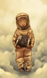 1girl :d boots closed_eyes female_focus gift gloves hazmat_suit inuinu_(project_october) ken_makiba meteor open_mouth rock short_hair smile solo