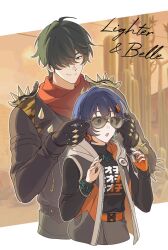 Rule 34 | 1boy, 1girl, angduuuu (ghost), belle (zenless zone zero), black gloves, black hair, black jacket, blue hair, cactus, character name, closed mouth, clothes writing, cropped legs, earrings, gloves, green hair, hair between eyes, hair ornament, hair over one eye, hashtag-only commentary, hetero, highres, jacket, jewelry, lighter (zenless zone zero), long sleeves, open mouth, red scarf, scarf, short hair, spiked jacket, sunglasses, zenless zone zero