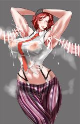1girl arms_up breasts cum cum_on_body cum_on_breasts cum_on_hair cum_on_upper_body curvy erection facial female_focus formal_clothes gloves highres huyamuyaz large_breasts large_penis leather nipples pale_skin pants penis red_eyes red_hair see-through_clothes see-through_shirt shirt short_hair sleeveless smile smiley_face standing steam suspenders the_king_of_fighters thick_lips thick_thighs thighs uya_(yurukah) vanessa_(kof) wet wet_clothes wet_shirt white_shirt wide_hips
