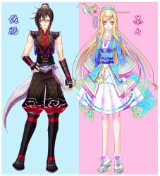 armor black_hair blonde_hair braid chacha hair_bun hair_ornament high_heels japanese_clothes kimono lady_y lips long_hair obi ribbon sarutobi_sasuke_(sengoku_musou) sash sengoku_musou