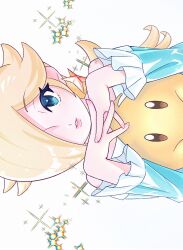 1girl blonde_hair blue_dress blue_eyes dress earrings hair_over_one_eye highres jewelry long_hair long_sleeves looking_at_viewer luma_(mario) mario_(series) nintendo own_hands_together parted_lips rosalina sideways smile star_(symbol) star_earrings upper_body weichen_(gfgf7253) white_background