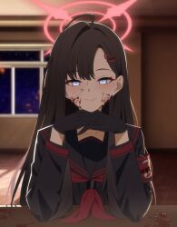 1girl armband black_gloves black_hair black_sailor_collar black_serafuku black_shirt blood blood_on_face blood_splatter blue_archive closed_mouth doki_doki_literature_club elbow_on_table elbow_rest gloves grey_eyes hair_ornament hairclip halo highres ichika_(blue_archive) long_hair long_sleeves looking_at_viewer neckerchief red_armband red_halo red_neckerchief reia_76 sailor_collar school_uniform serafuku shirt smile solo unusually_open_eyes