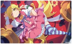 1girl ;3 alternate_costume artist_name bat_wings black_tail blonde_hair blue_thighhighs blush blush_stickers bow bow_hairband bracelet choker closed_mouth clothing_cutout cross-laced_clothes cross-laced_dress demon_tail demon_wings donut dot_nose dress fang fang_out fangs fingernails flat_chest food foreshortening frills from_above full_body hairband hands_up jewelry katana knee_up long_hair looking_at_viewer lying magical_girl monogatari_(series) navel navel_cutout no_shoes ogipote on_back one_eye_closed oshino_shinobu outstretched_leg paw_pose petticoat pink_bow pink_dress planted planted_sword planted_weapon pointy_ears pon_de_ring puffy_short_sleeves puffy_sleeves purple_bow second-party_source shade shoes short_dress short_sleeves skirt smile solo striped_clothes striped_thighhighs sword tail thighhighs unworn_shoes vertical-striped_clothes vertical-striped_thighhighs very_long_hair waist_bow weapon wings wrist_cuffs yellow_eyes zettai_ryouiki