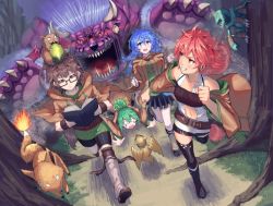 4girls acorn archfiend_marmot_of_nefariousness armband aussa_(yu-gi-oh!) aussa_the_earth_charmer behemoth behemoth_the_king_of_all_animals belt bike_shorts blank_eyes blue_eyes blue_hair blush book breasts brown_eyes brown_hair chasing claws commentary_request demon_tail demon_wings dragon duel_monster eria_(yu-gi-oh!) eria_the_water_charmer fallen_down fangs forest fox fox_fire_(yu-gi-oh!) furry furry_male gigobyte glasses green_hair grin hiita hiita_(yu-gi-oh!) hiita_the_fire_charmer large_breasts lizardman long_hair looking_back midriff monster multiple_girls nature open_mouth orange_eyes outdoors partial_commentary petit_dragon rari_(badominton) reading red_hair robe running shoes short_hair skirt small_breasts smile squirrel sweatdrop sweater tail tears thighhighs tree wings worried wynn_(yu-gi-oh!) wynn_the_wind_charmer yu-gi-oh! zettai_ryouiki