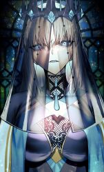 1girl black_dress blue_dress blue_eyes braid breasts crown dress fate/grand_order fate_(series) grey_hair highres kabosoi_mangaka large_breasts long_hair long_sleeves looking_at_viewer morgan_le_fay_(fate) morgan_le_fay_(queen_of_winter)_(fate) parted_lips ponytail sidelocks solo stole two-tone_dress veil very_long_hair
