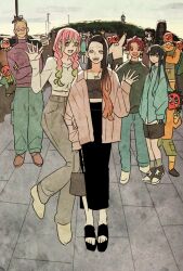 6+boys arm_up bag black_skirt blue_eyes blue_hair braided_twintails brother_and_sister brown_hair camisole character_request child commentary_request crop_top crossed_arms full_body green_hair green_shorts grey_tank_top haganezuka_hotaru hair_between_eyes handbag haori highres japanese_clothes jewelry kamado_nezuko kamado_tanjirou kanroji_mitsuri kimetsu_no_yaiba kimono long_hair long_sleeves looking_at_viewer mole multiple_boys necklace open_mouth orange_eyes pink_hair scar scar_on_face shinazugawa_genya shorts siblings sidelocks skirt smile takeuchi_ryousuke tank_top tokitou_muichirou turtleneck