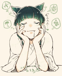 1girl animal_ears black_hair bug cat_ears closed_eyes dated elbows_on_table facing_viewer green_hair herb highres kusuriya_no_hitorigoto long_hair maomao_(kusuriya_no_hitorigoto) mushroom saliva solo speech_bubble thought_bubble upper_body yoakedori914moz