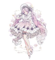1girl commentary commission dress flower frilled_dress frills full_body gem gloves gradient_clothes gradient_hair high_heels lemon89h looking_at_viewer multicolored_hair original pink_eyes pink_shoes purple_flower purple_gemstone rococo_movement shoes short_sleeves solo twintails wavy_hair white_gloves white_headdress