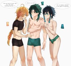 3boys absurdres aether_(genshin_impact) ahoge aqua_eyes aqua_hair arm_tattoo bana_gameg bare_legs black_hair black_male_underwear black_shirt blonde_hair blush braid braided_ponytail bulge closed_mouth crop_top english_text facial_mark forehead_mark genshin_impact gradient_hair green_hair green_male_underwear hair_between_eyes highres long_hair male_focus male_underwear midriff multicolored_hair multiple_boys navel nipples open_mouth shirt short_sleeves single_braid smile speech_bubble stomach tattoo teeth topless_male twin_braids underwear venti_(genshin_impact) white_background xiao_(genshin_impact) yellow_eyes
