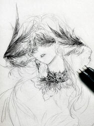 Rule 34 | 1girl, absurdres, art tools in frame, beads, choker, covered eyes, crimson feather (infinity nikki), cropped torso, earrings, expressionless, feather hair ornament, feather trim, feathers, greyscale, hair beads, hair ornament, head tilt, highres, infinity nikki, jewelry, liangyi yuehua, lipstick, long hair, makeup, monochrome, neck, nib pen (medium), nikki (series), parted lips, pen (medium), photo (medium), sketch, solo, teeth, traditional media, watermark, weibo watermark